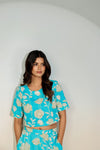 Turquoise Floral Printed Co-ord Set for Women – Crop Top & Pants