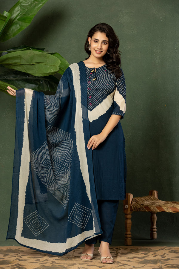 Indigo Heritage – Premium Cotton Kurta Pant with Dupatta Set