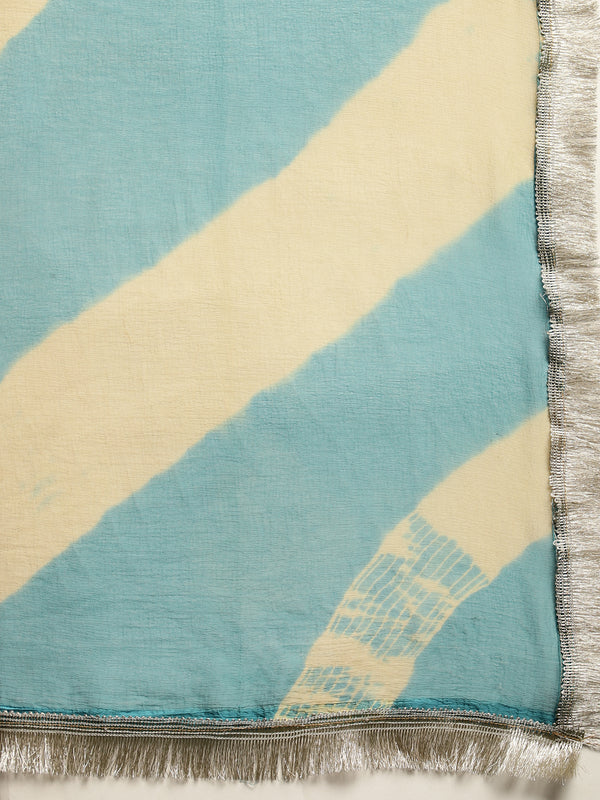 Gleam Garden Floral Printed Pleated Mirror Work A-Line Kurta With Trouser & Dupatta