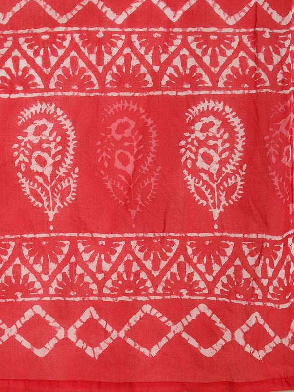 Red Printed Pure Cotton Kurta With Trouser & Dupatta