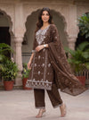 Cocoa Bloom – Brown Floral Embroidered Kurta Pant with Dupatta Set