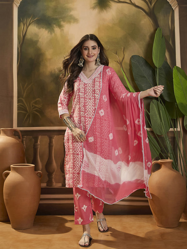 Floral Printed V Neck Straight Kurta Trouser With Dupatta