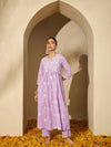 Mauve Mirage Floral Embroidered V-Neck Silk Blend Kurta Set with Dupatta