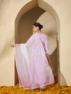 Mauve Mirage Floral Embroidered V-Neck Silk Blend Kurta Set with Dupatta