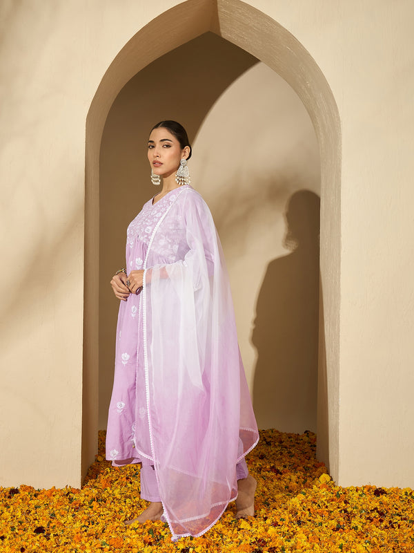 Floral Embroidered V Neck Kurta Set With Dupatta