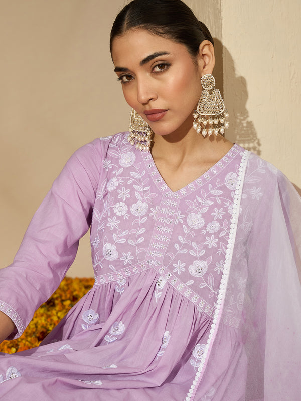 Floral Embroidered V Neck Kurta Set With Dupatta
