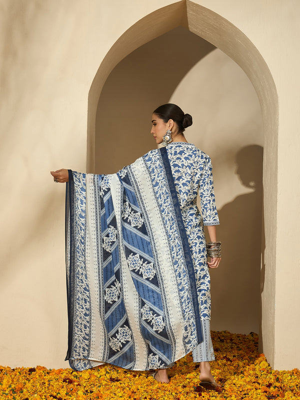 Floral Printed V Neck Straight Kurta Trouser With Dupatta