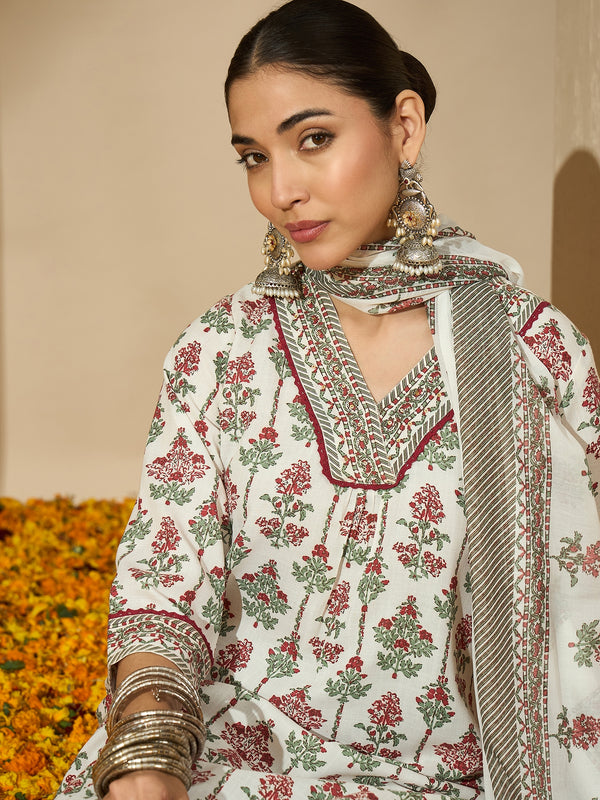 Pearl Garden Floral Printed White Lace Kurta Set with Dupatta
