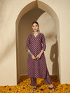 Mulberry Muse Purple & Beige Printed V-Neck Kurta Set with Dupatta