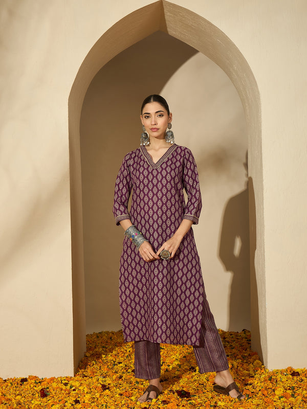 Mulberry Muse Purple & Beige Printed V-Neck Kurta Set with Dupatta