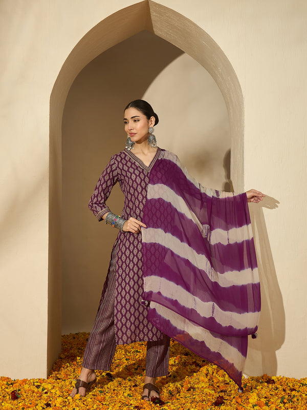 Mulberry Muse Purple & Beige Printed V-Neck Kurta Set with Dupatta