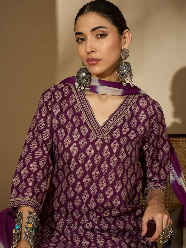 Mulberry Muse Purple & Beige Printed V-Neck Kurta Set with Dupatta