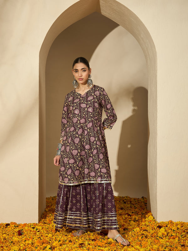 Iris Glow Purple Printed Cotton Kurta Sharara Set with Dupatta