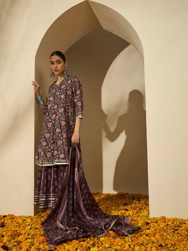 Iris Glow Purple Printed Cotton Kurta Sharara Set with Dupatta