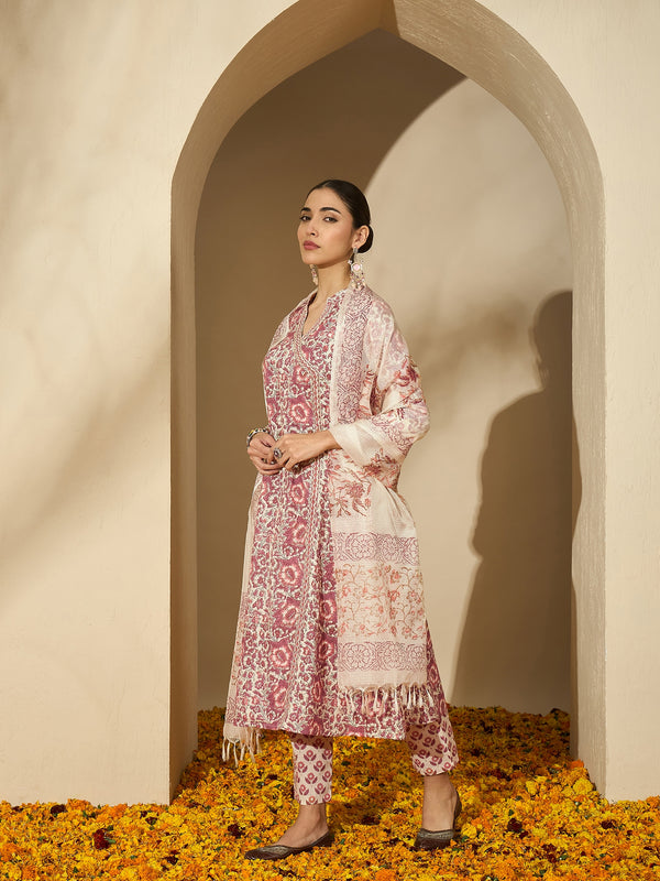 Pastel Vine Floral Printed A-Line Cotton Kurta with Trouser & Dupatta