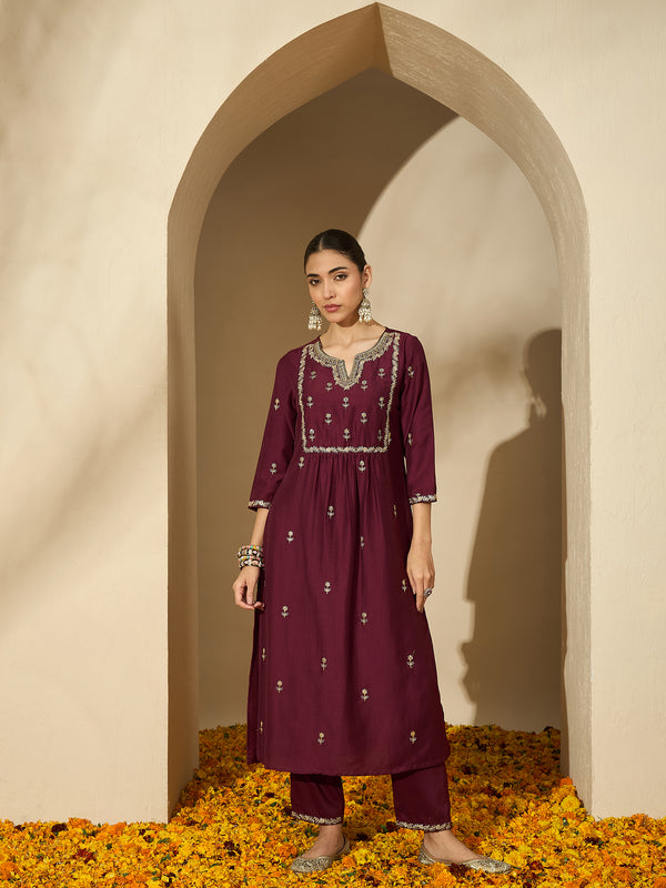 Wine Allure Maroon Embroidered Kurta with Trouser & Dupatta