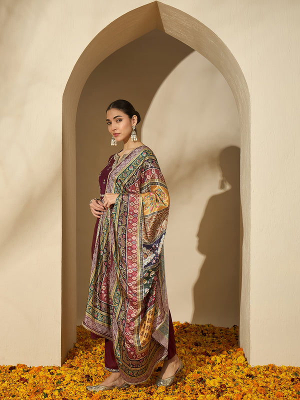 Wine Allure Maroon Embroidered Kurta with Trouser & Dupatta