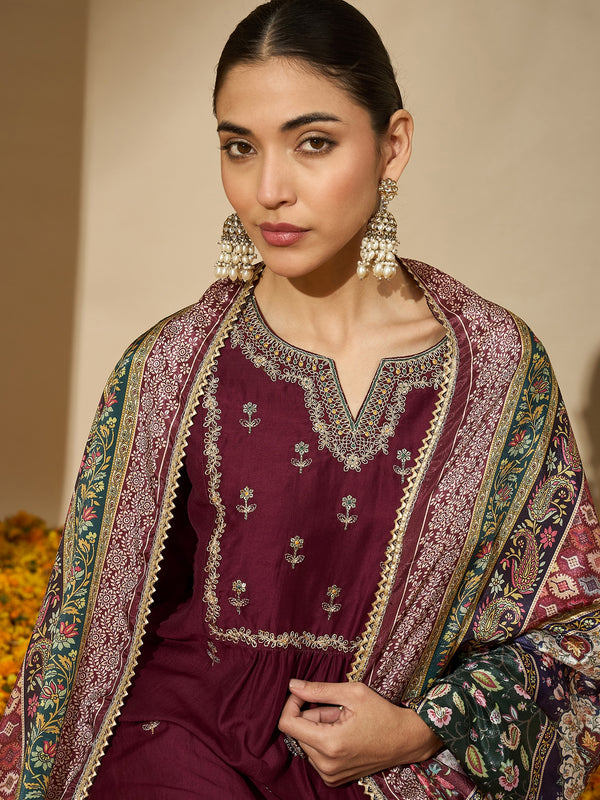 Wine Allure Maroon Embroidered Kurta with Trouser & Dupatta
