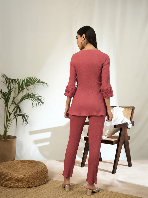 Ruhani Floral Embroidered V-Neck Tunic with Trouser Co-ord Set