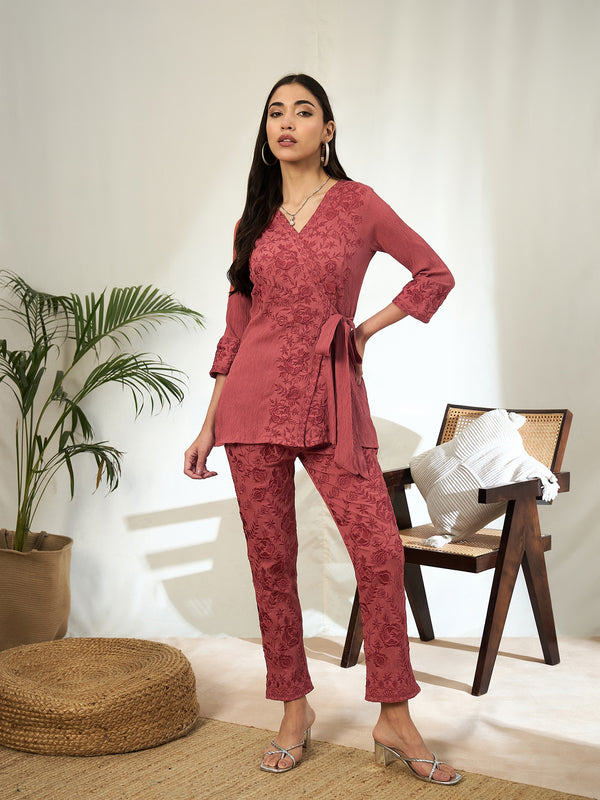 Ruhani Floral Embroidered V-Neck Tunic with Trouser Co-ord Set