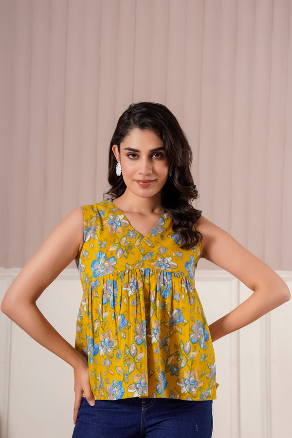 Mustard Floral Sleeveless Top