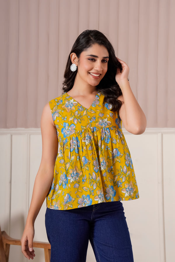 Mustard Floral Sleeveless Top