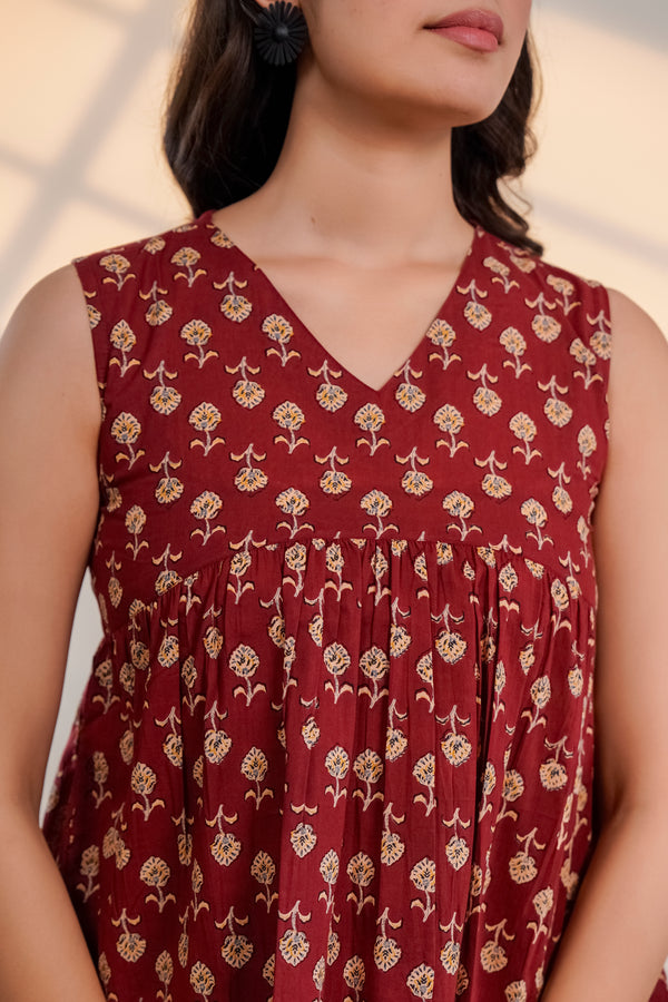 Maroon Printed Sleeveless Top
