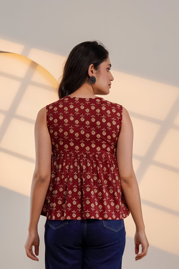 Maroon Printed Sleeveless Top