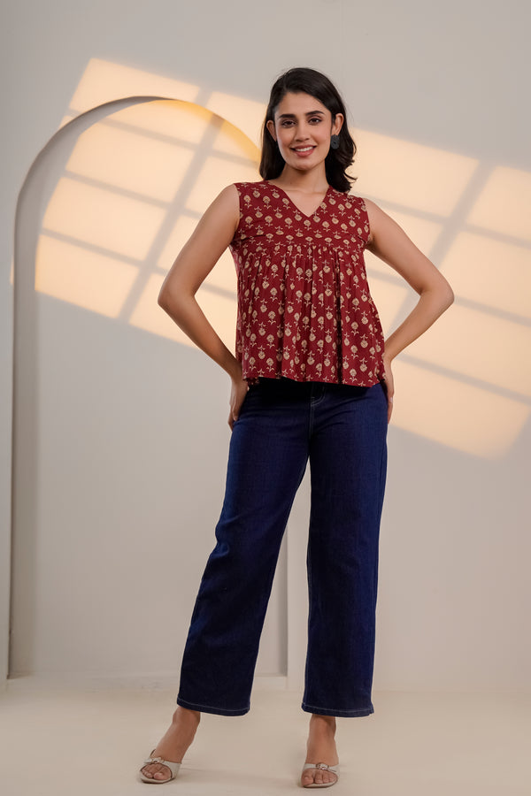 Maroon Printed Sleeveless Top