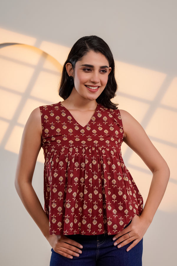 Maroon Printed Sleeveless Top