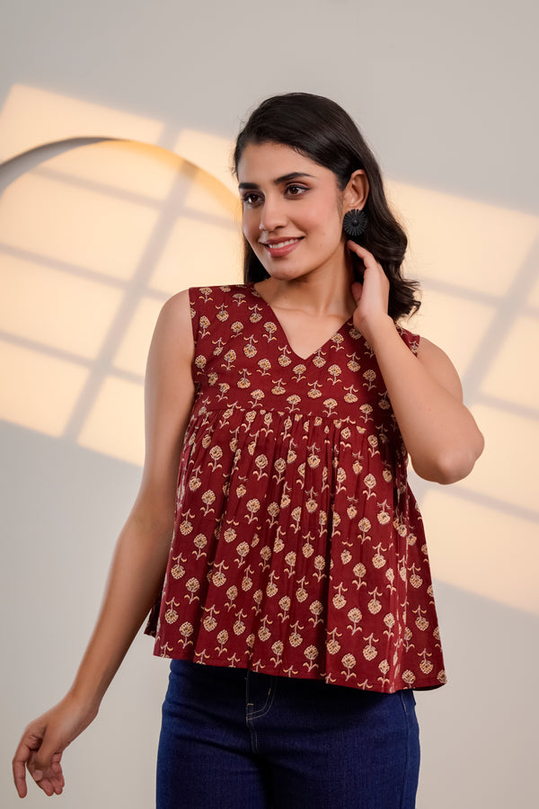 Maroon Printed Sleeveless Top