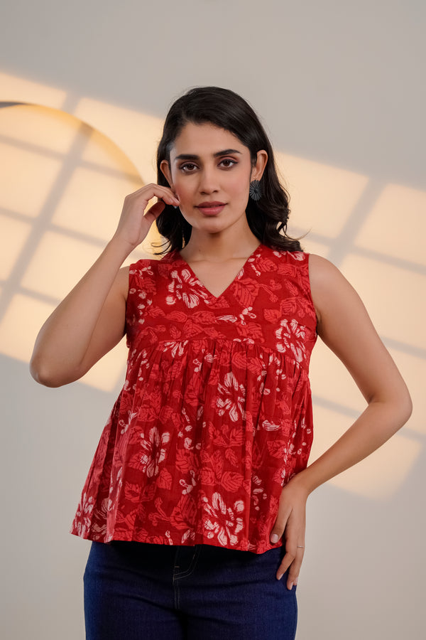 Red Floral Sleeveless Top