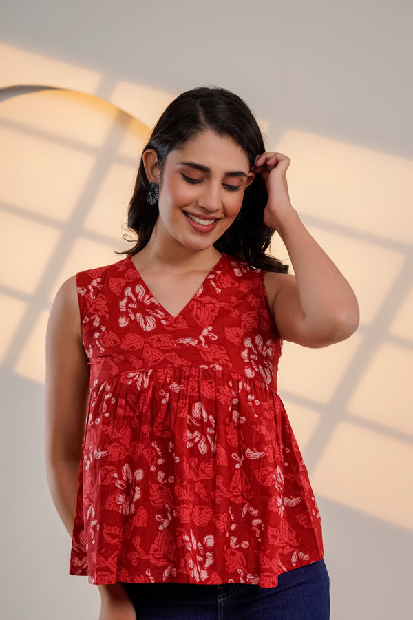 Red Floral Sleeveless Top