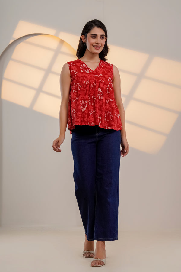 Red Floral Sleeveless Top