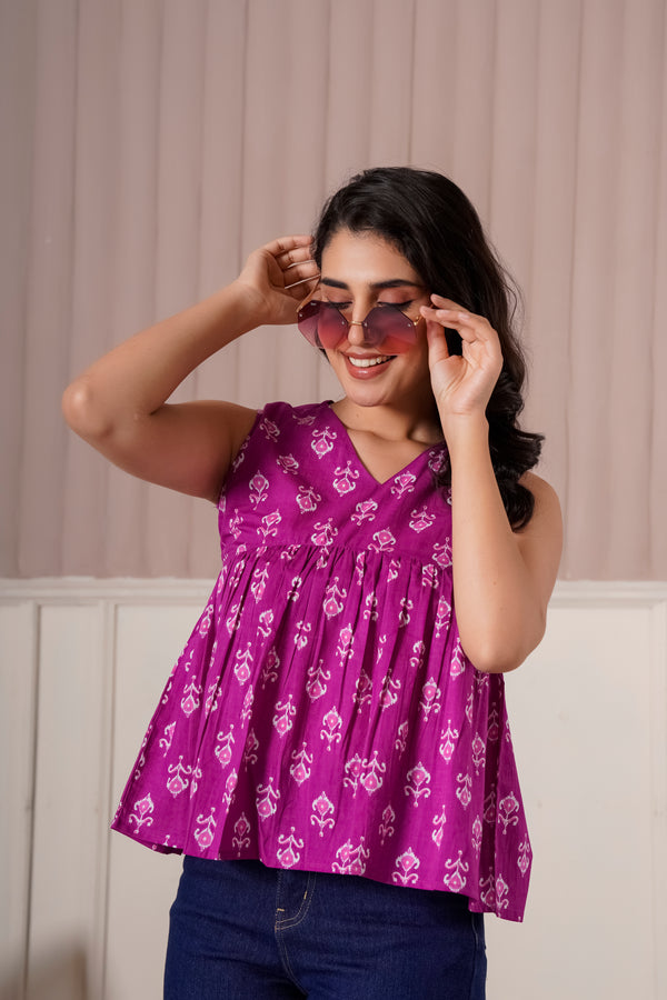 Magenta Ethnic Print Sleeveless Top