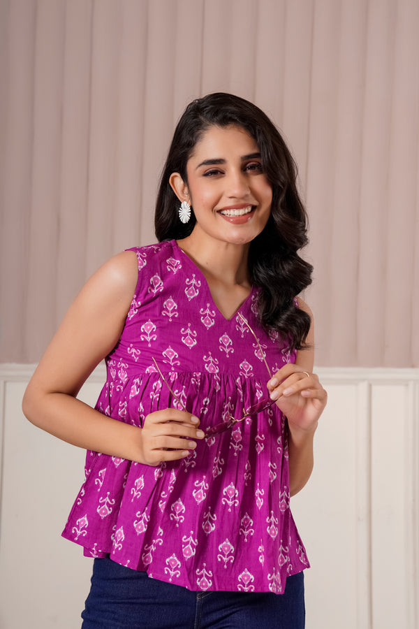 Magenta Ethnic Print Sleeveless Top