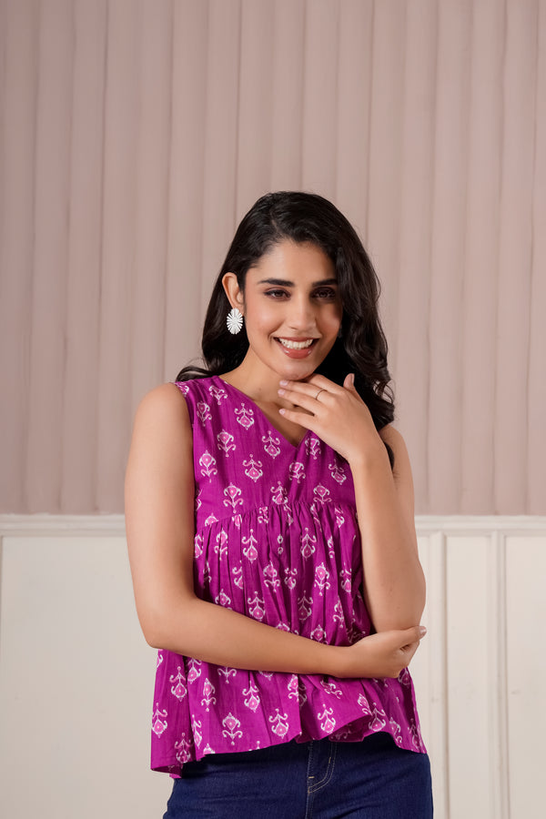 Magenta Ethnic Print Sleeveless Top
