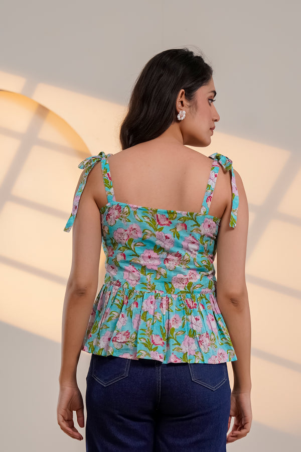 Blue Floral Tie-Shoulder Top