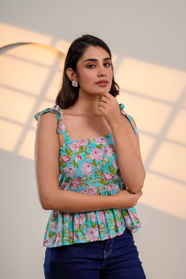 Blue Floral Tie-Shoulder Top