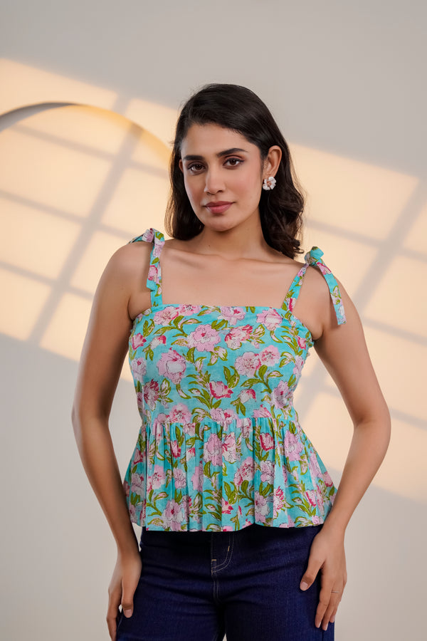 Blue Floral Tie-Shoulder Top