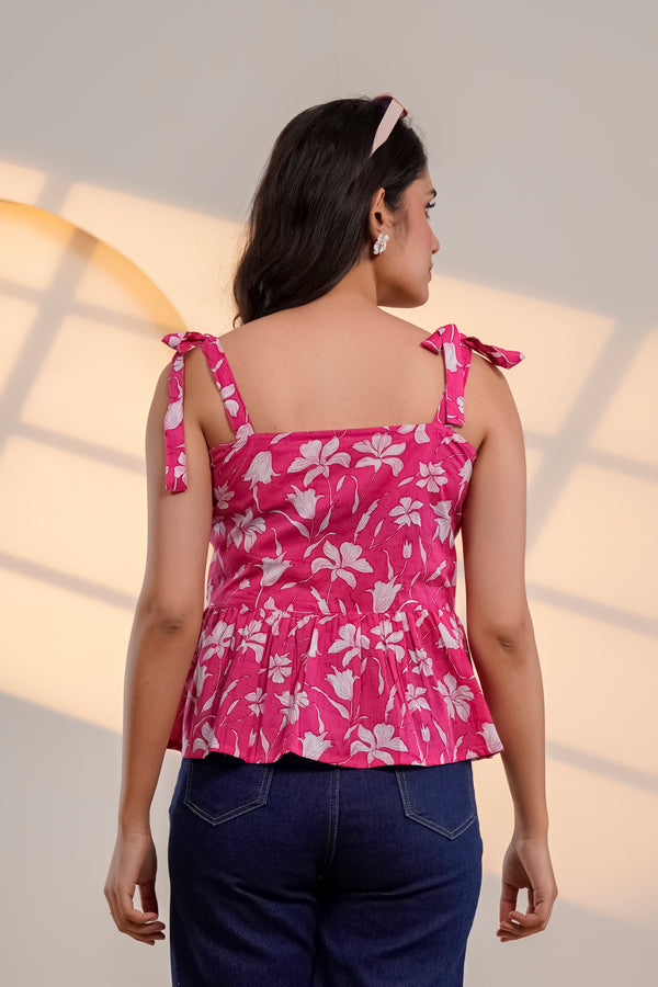 Pink Floral Tie-Up Peplum Top