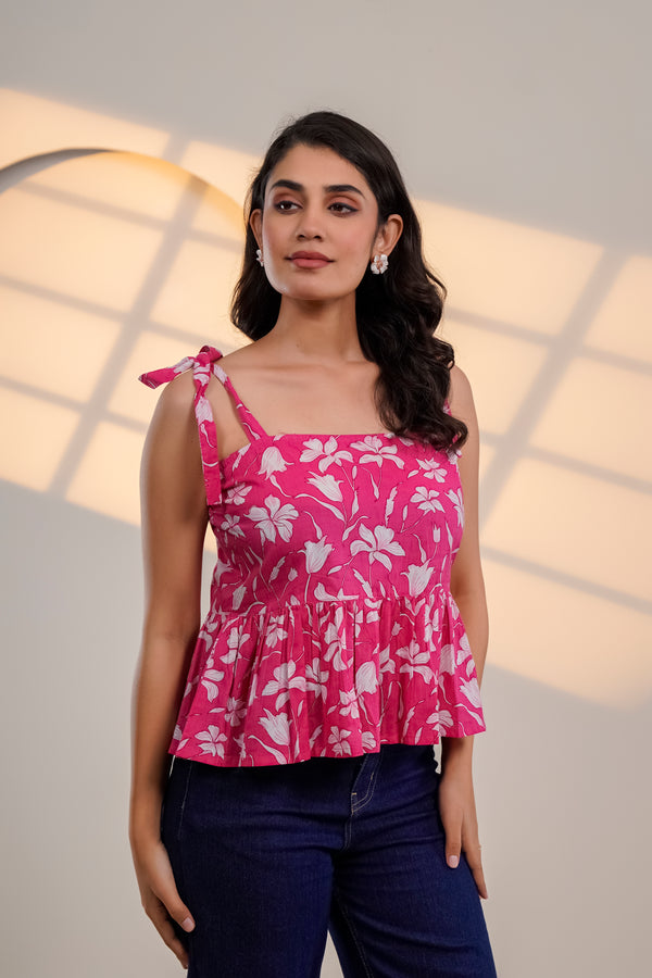 Pink Floral Tie-Up Peplum Top