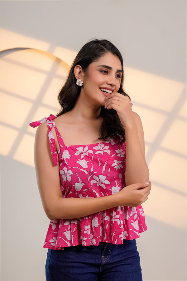 Pink Floral Tie-Up Peplum Top