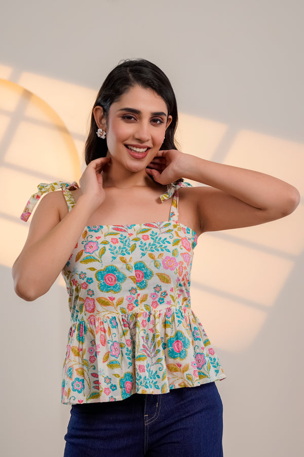 Cream Floral Tie-Up Peplum Top
