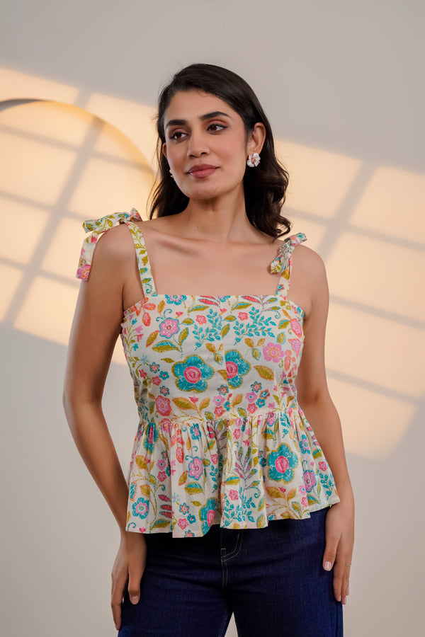 Cream Floral Tie-Up Peplum Top