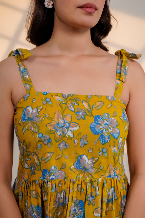 Mustard Floral Tie-Up Peplum Top