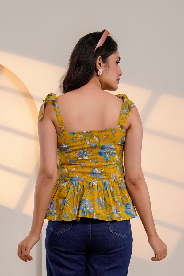 Mustard Floral Tie-Up Peplum Top