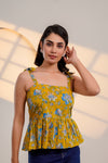 Mustard Floral Tie-Up Peplum Top