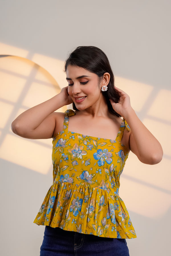 Mustard Floral Tie-Up Peplum Top