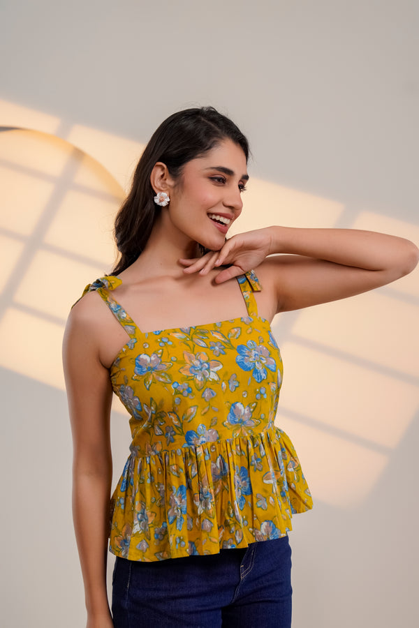 Mustard Floral Tie-Up Peplum Top